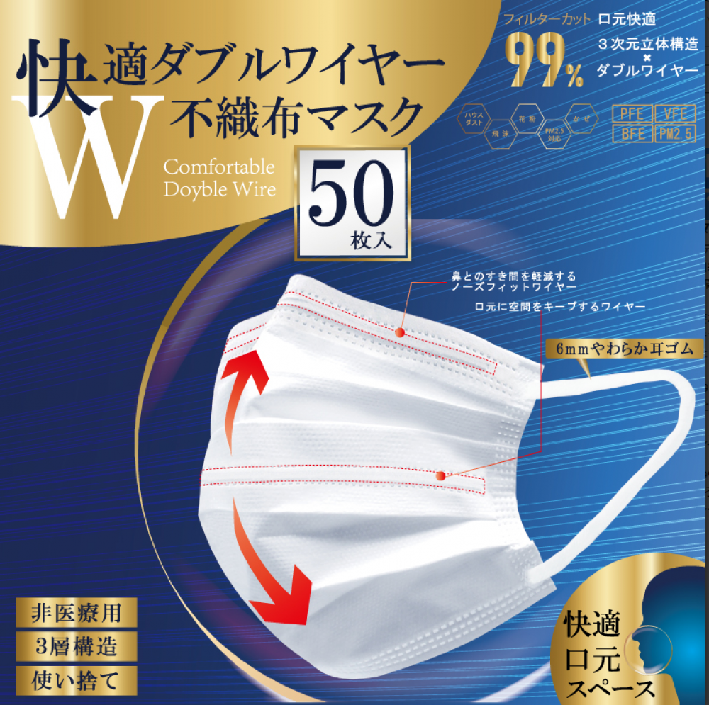 快適ダブルワイヤー不織布マスク　50P